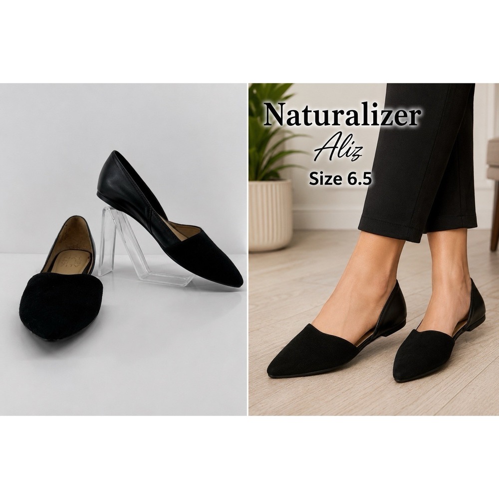 Naturalizer Aliz Black Suede Leather Flats Pointed Toe Slip On Minimalist Sz 6.5